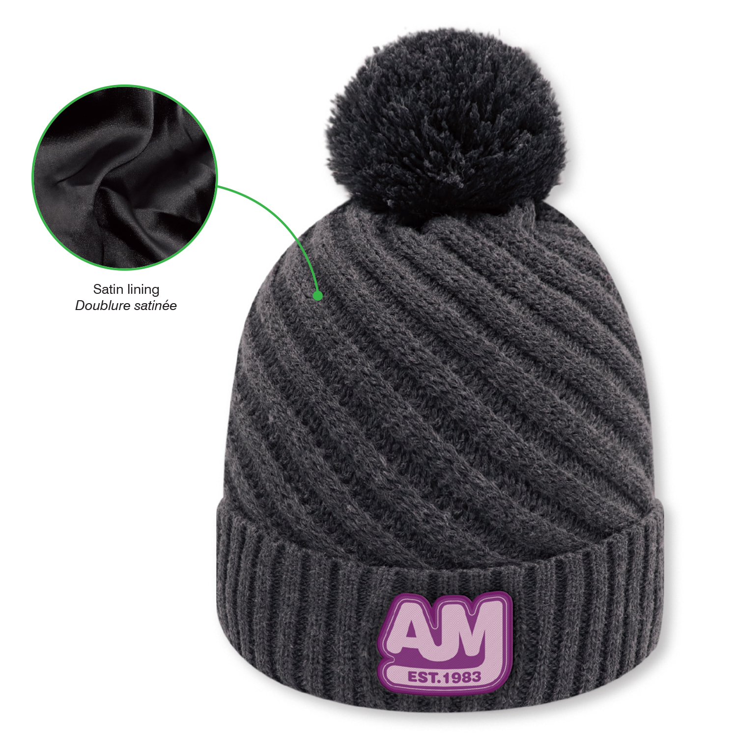 Cuff Toque (Pom Pom 8cm, Women's) — Jacquard cable knit — AJM 1E133L - Image 3