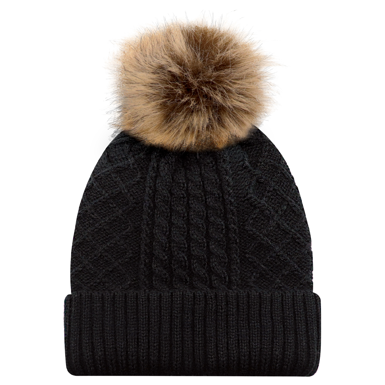 Cuff Toque (Faux Fur Pom Pom 12cm, Women’s) — Jacquard cable knit — AJM 1E140L - Image 8