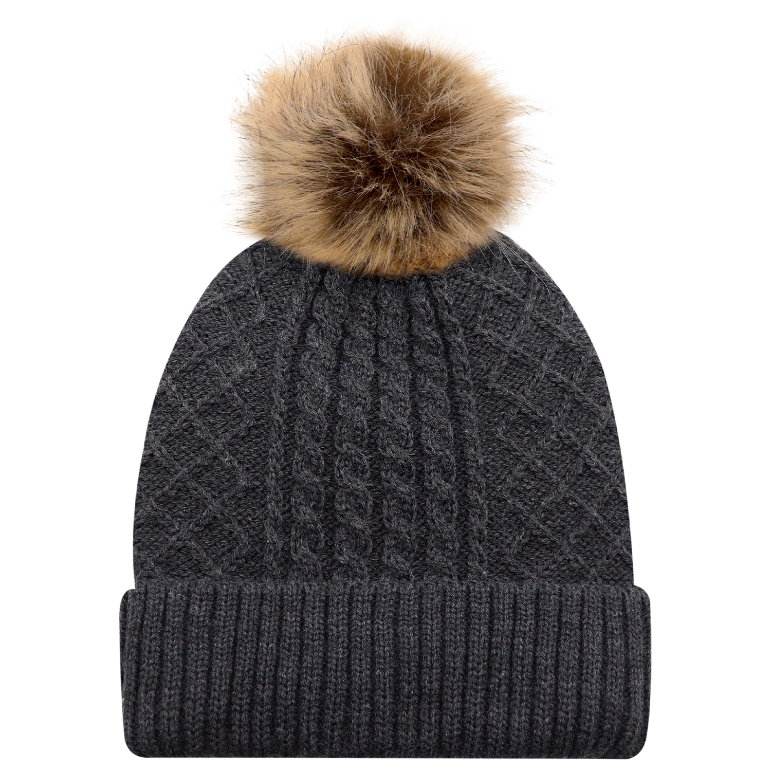 Cuff Toque (Faux Fur Pom Pom 12cm, Women’s) — Jacquard cable knit — AJM 1E140L - Image 10
