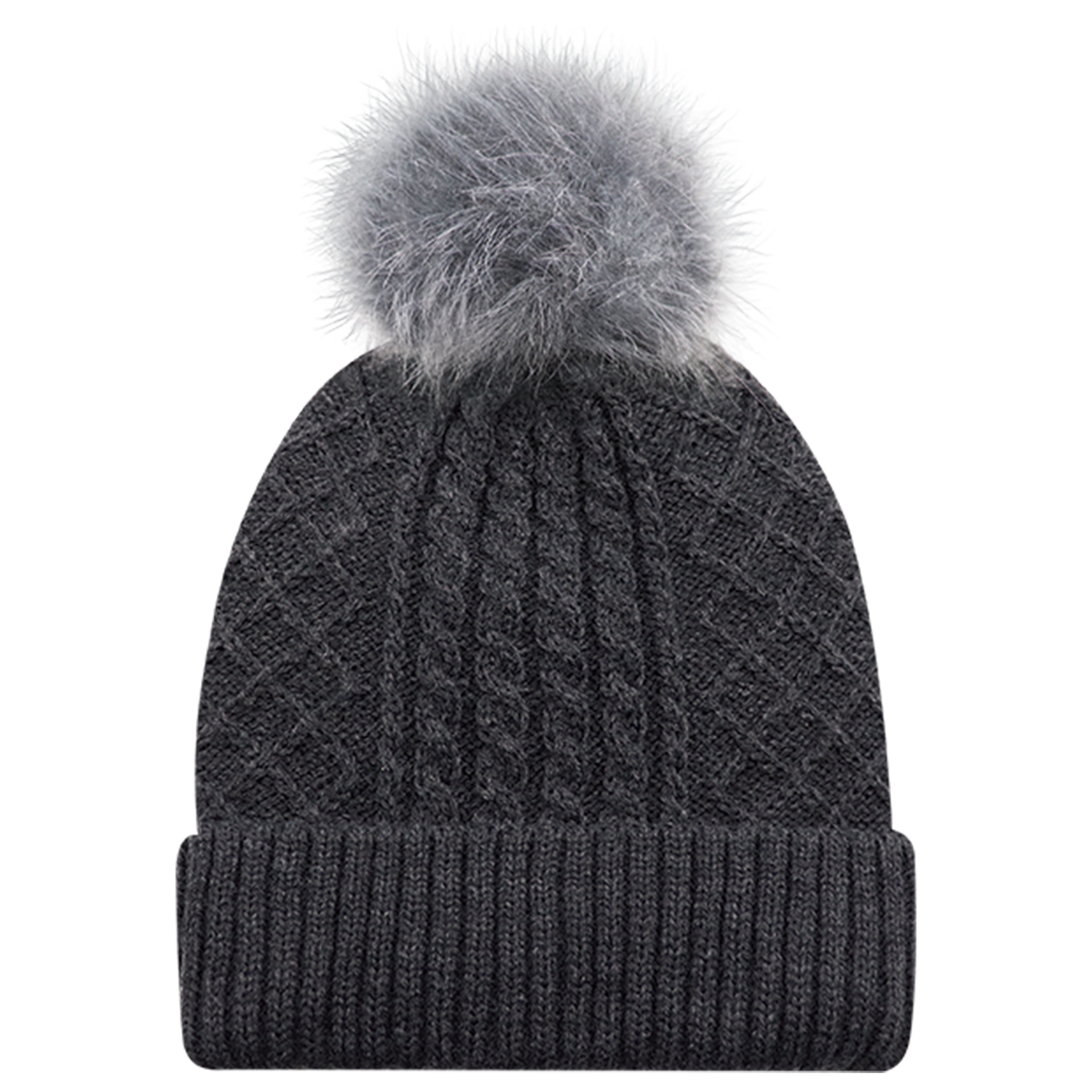 Cuff Toque (Faux Fur Pom Pom 12cm, Women’s) — Jacquard cable knit — AJM 1E140L - Image 11
