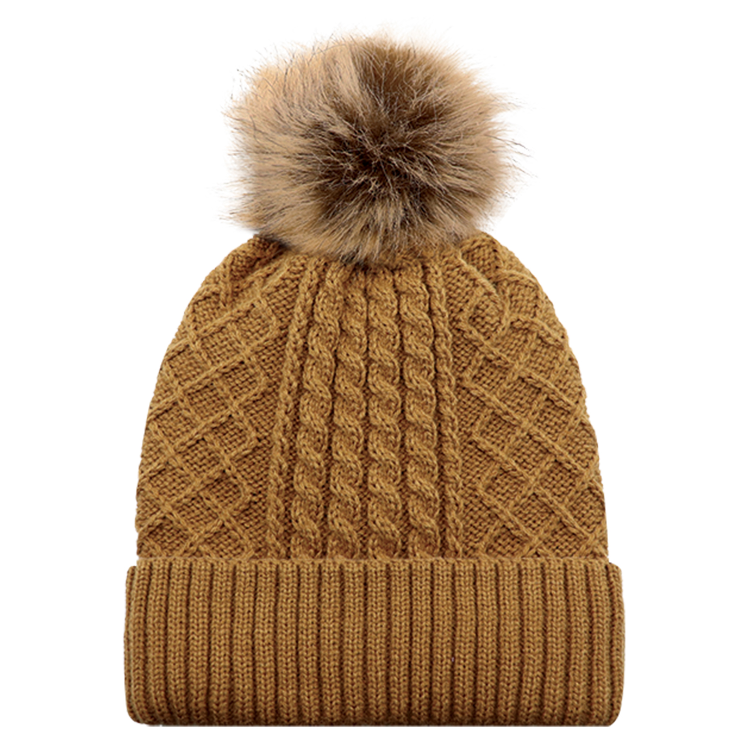 Cuff Toque (Faux Fur Pom Pom 12cm, Women’s) — Jacquard cable knit — AJM 1E140L - Image 12