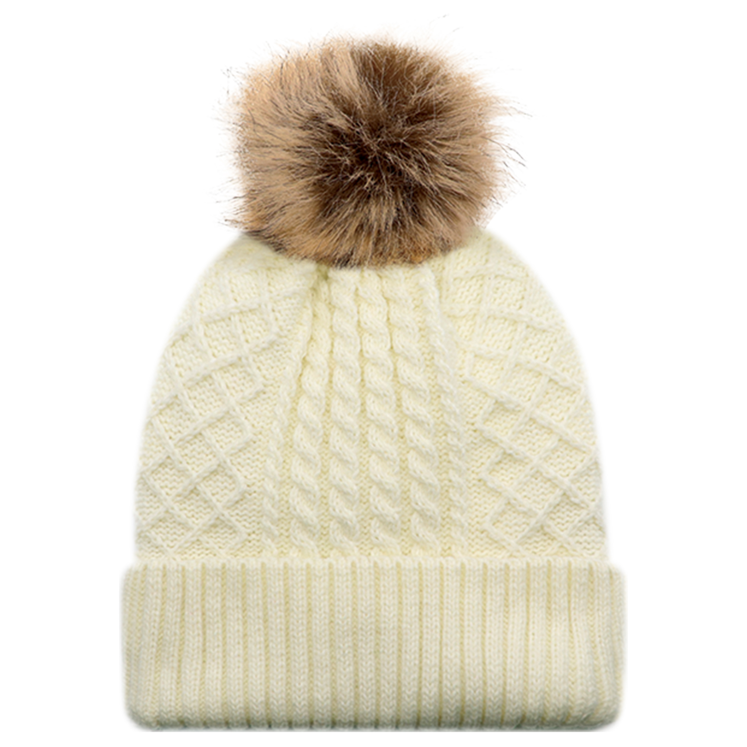 Cuff Toque (Faux Fur Pom Pom 12cm, Women’s) — Jacquard cable knit — AJM 1E140L - Image 13