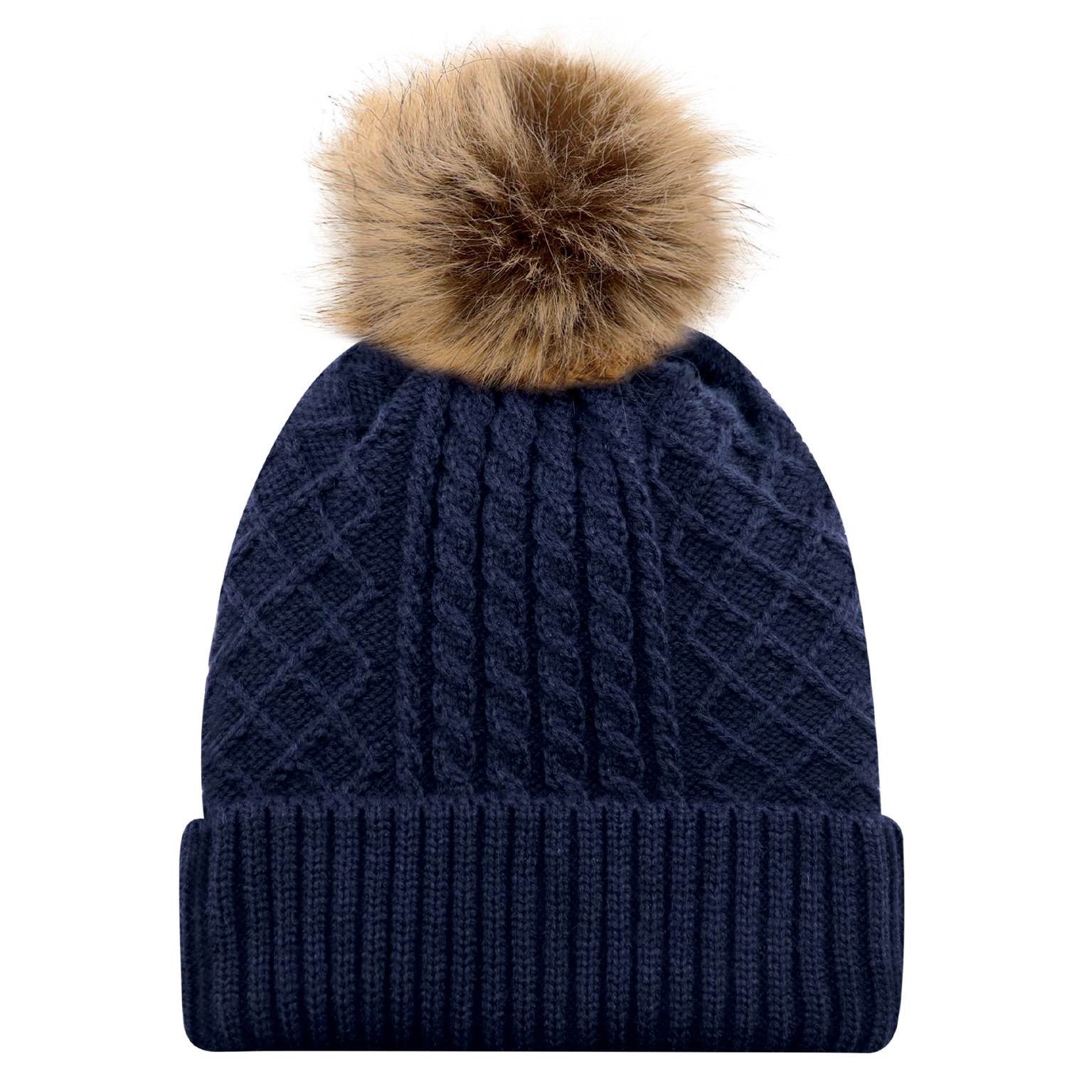 Cuff Toque (Faux Fur Pom Pom 12cm, Women’s) — Jacquard cable knit — AJM 1E140L - Image 14