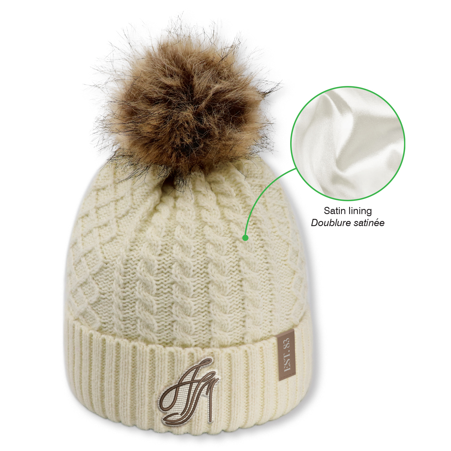 Cuff Toque (Faux Fur Pom Pom 12cm, Women’s) — Jacquard cable knit — AJM 1E140L - Image 5
