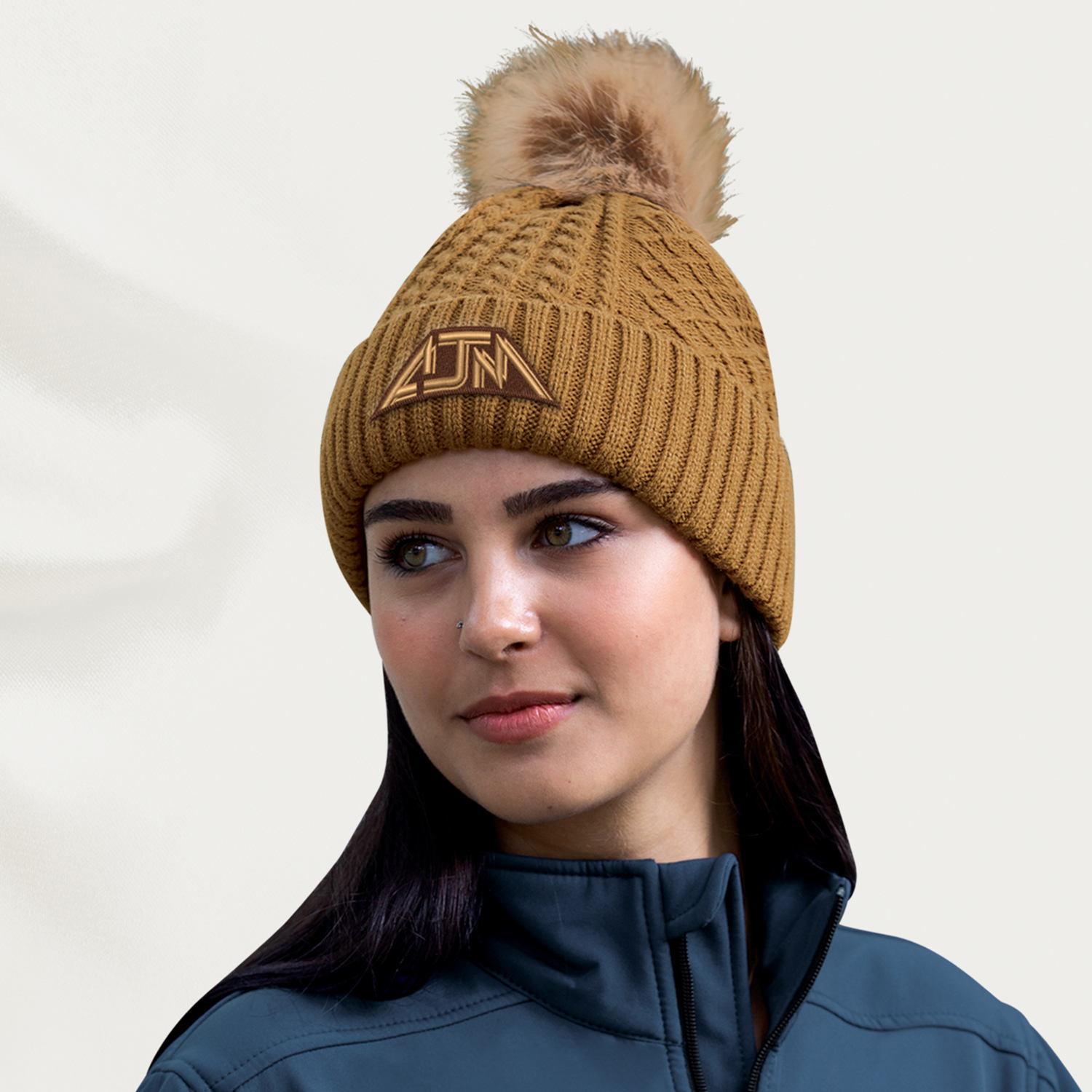 Cuff Toque (Faux Fur Pom Pom 12cm, Women’s) — Jacquard cable knit — AJM 1E140L - Image 3