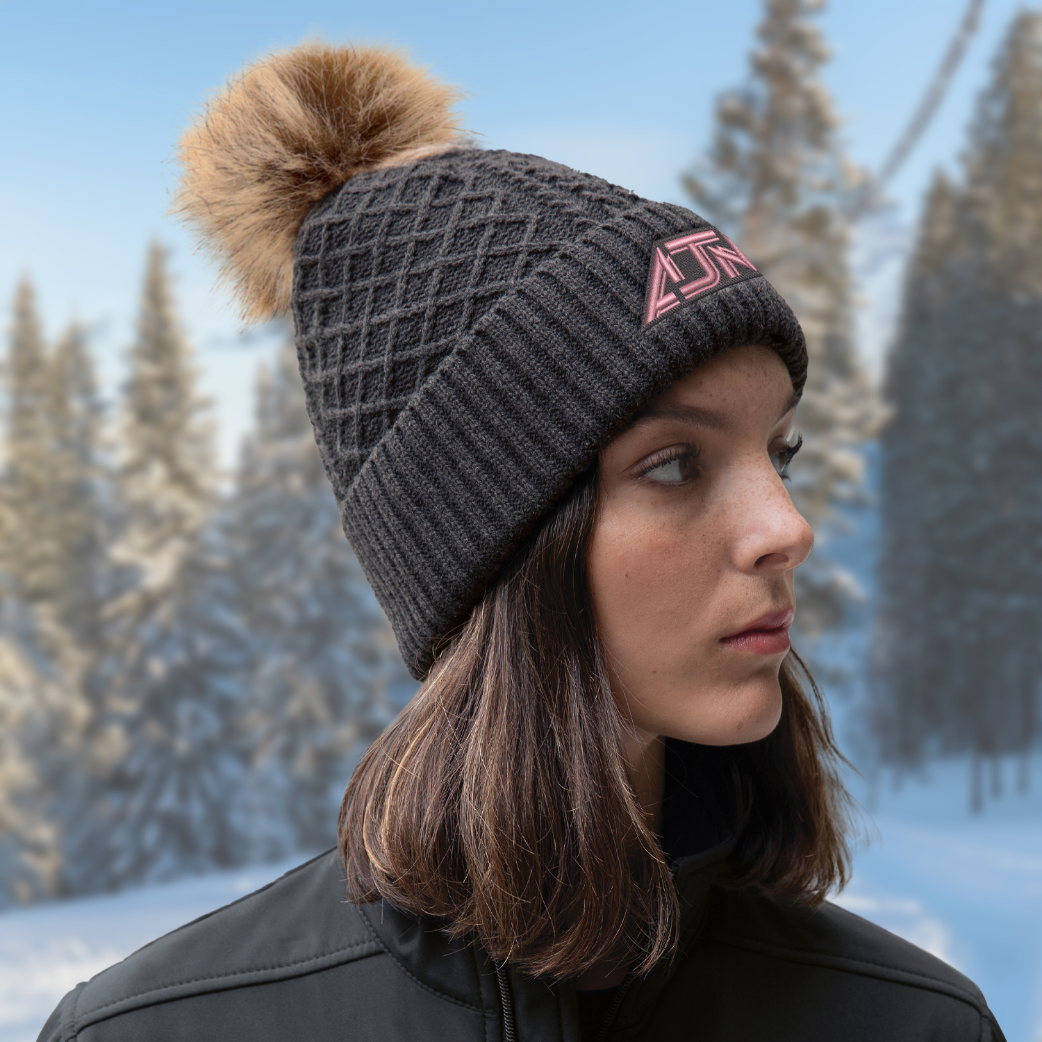 Cuff Toque (Faux Fur Pom Pom 12cm, Women’s) — Jacquard cable knit — AJM 1E140L - Image 4