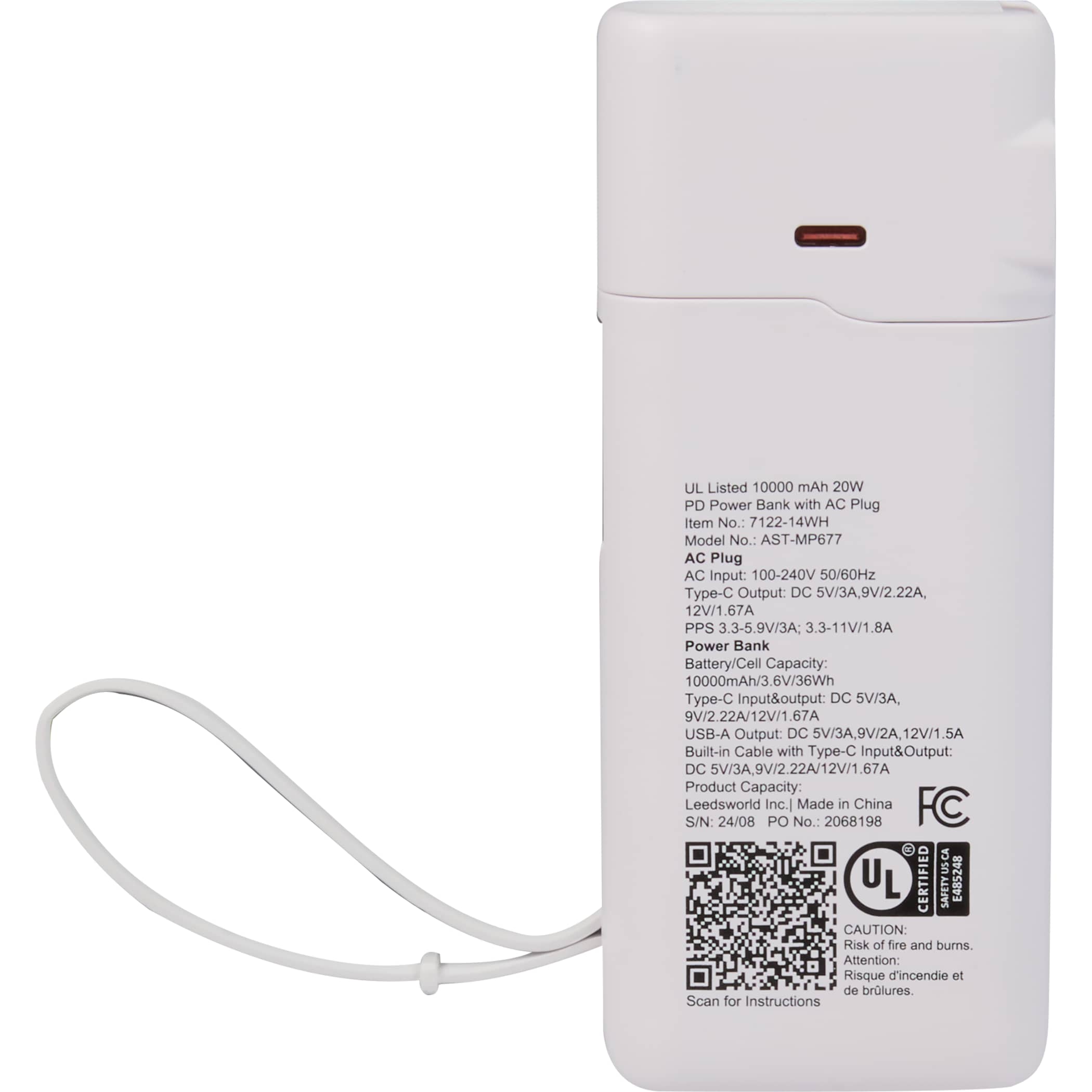 UL Listed 10,000 mAh 20W PD Power Bank with AC Plug - Image 4