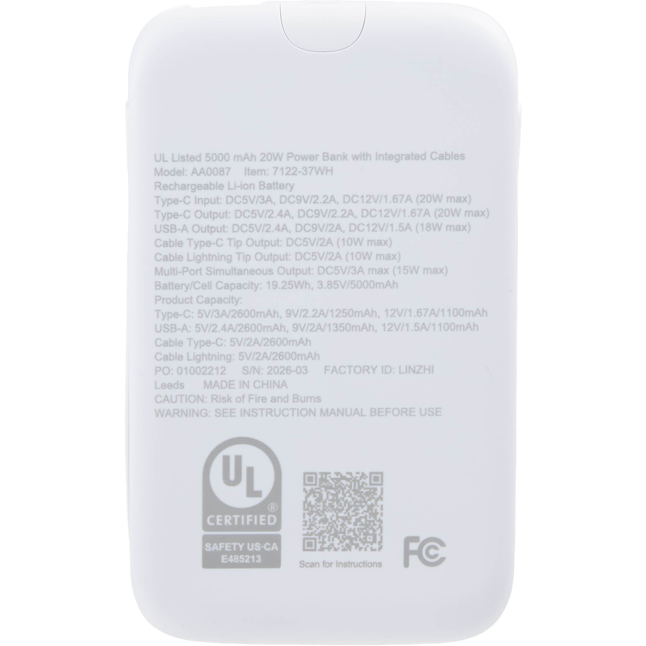 UL Listed 5,000 mAh 20W Power Bank with Integrated Cables - Image 5