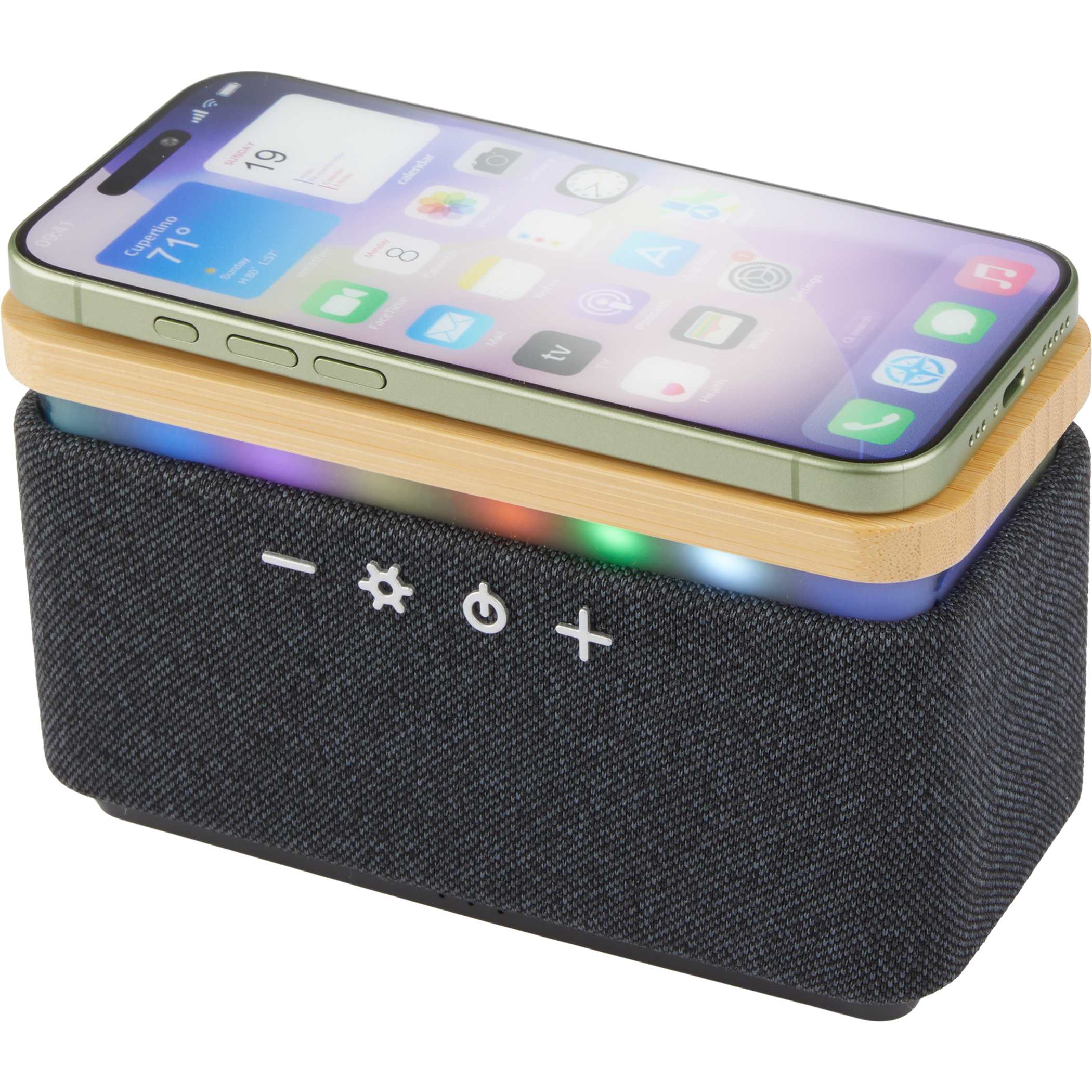 Boost Fabric & FSC® 100% Bamboo Speaker with Wireless Charging Pad - Image 3