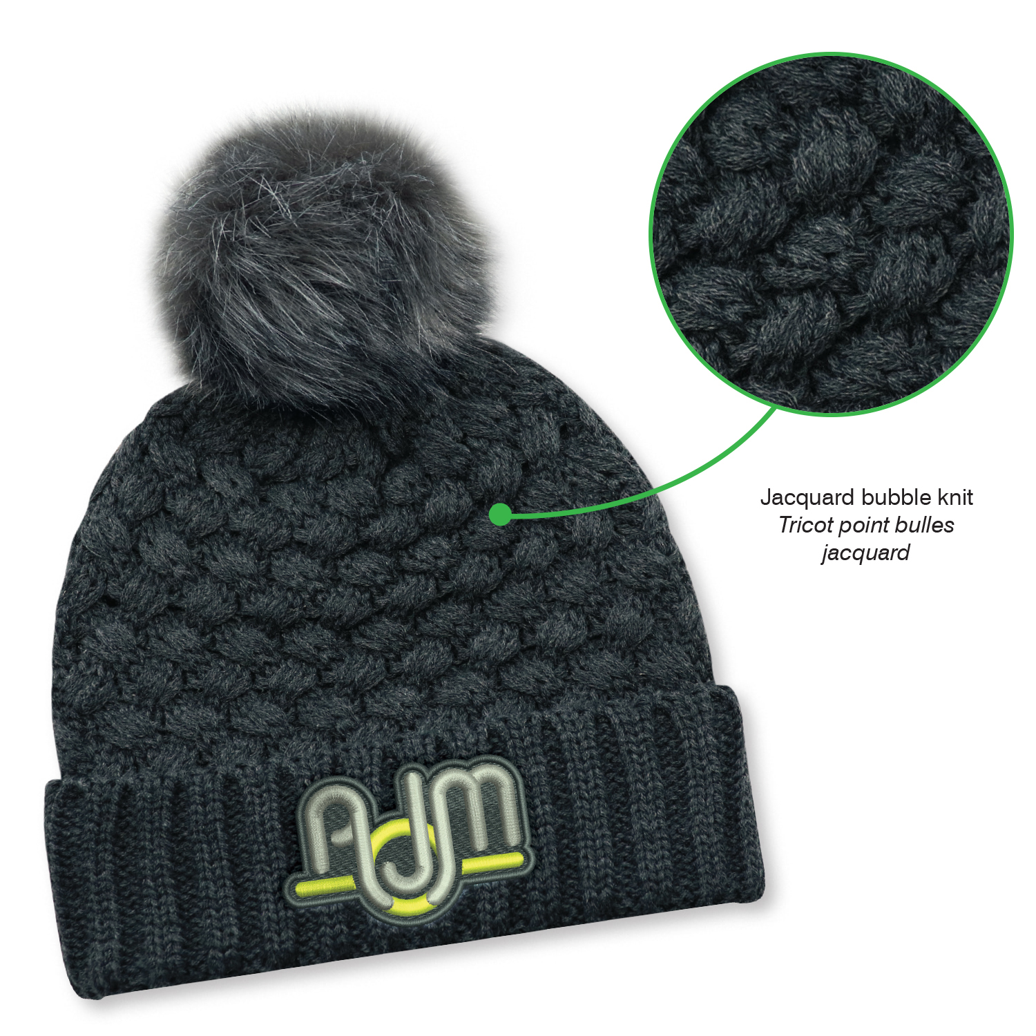 Cuff Toque (Faux Fur Pom Pom 12cm, Women’s) — Jacquard bubble knit — AJM 9L580L - Image 4