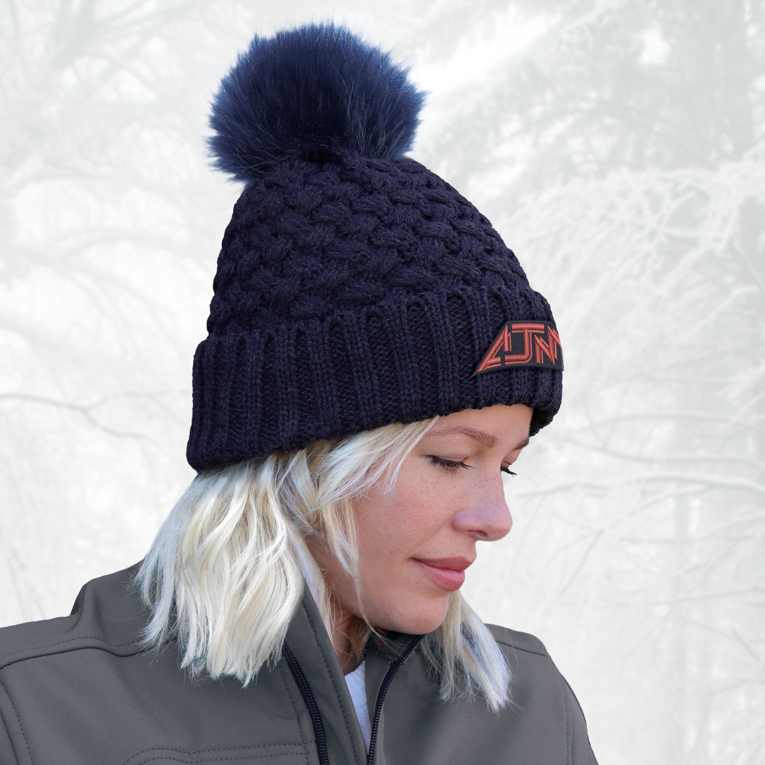 Cuff Toque (Faux Fur Pom Pom 12cm, Women’s) — Jacquard bubble knit — AJM 9L580L - Image 2