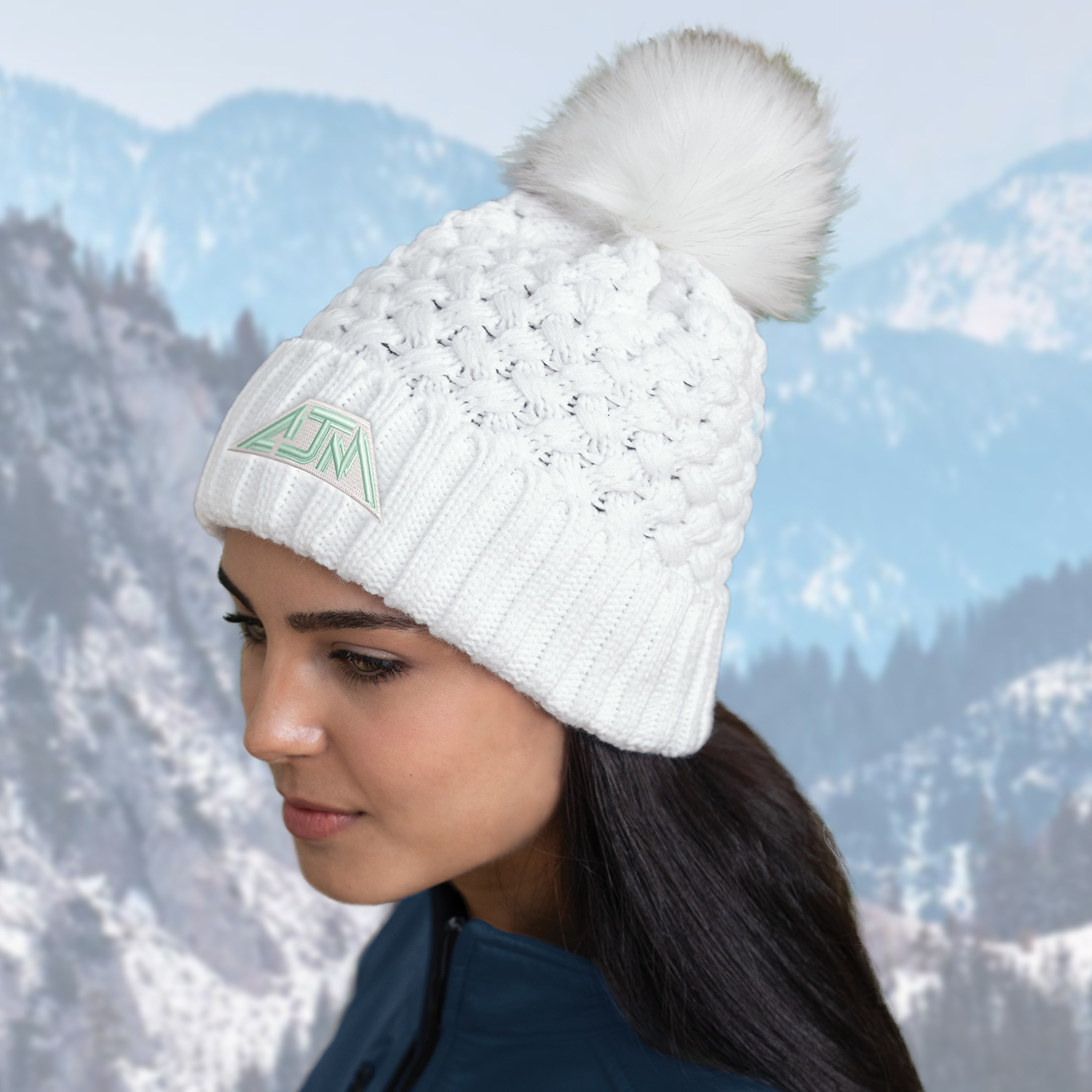 Cuff Toque (Faux Fur Pom Pom 12cm, Women’s) — Jacquard bubble knit — AJM 9L580L - Image 3