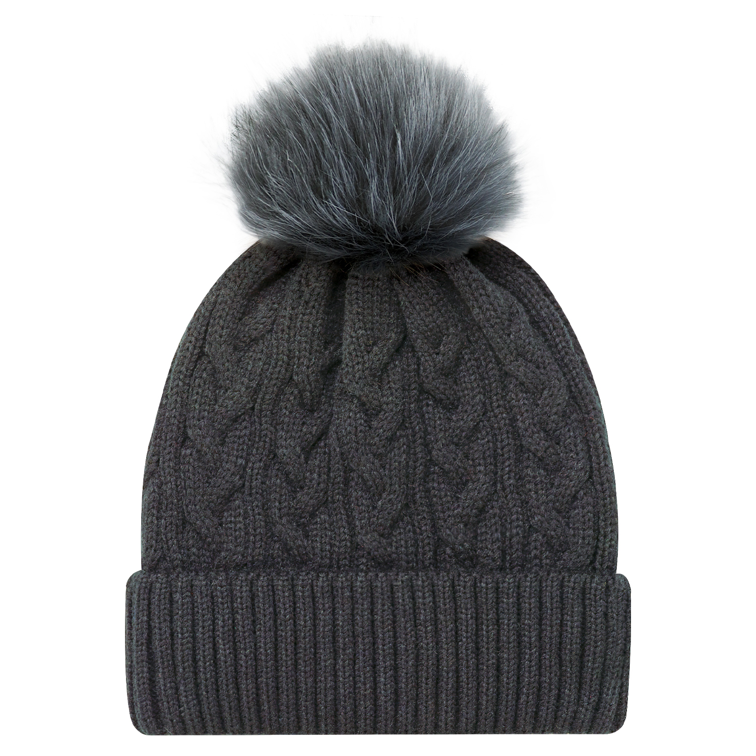 Cuff Toque (Faux Fur Pom Pom 12cm, Women’s) — Jacquard cable knit — AJM 9L594L - Image 13