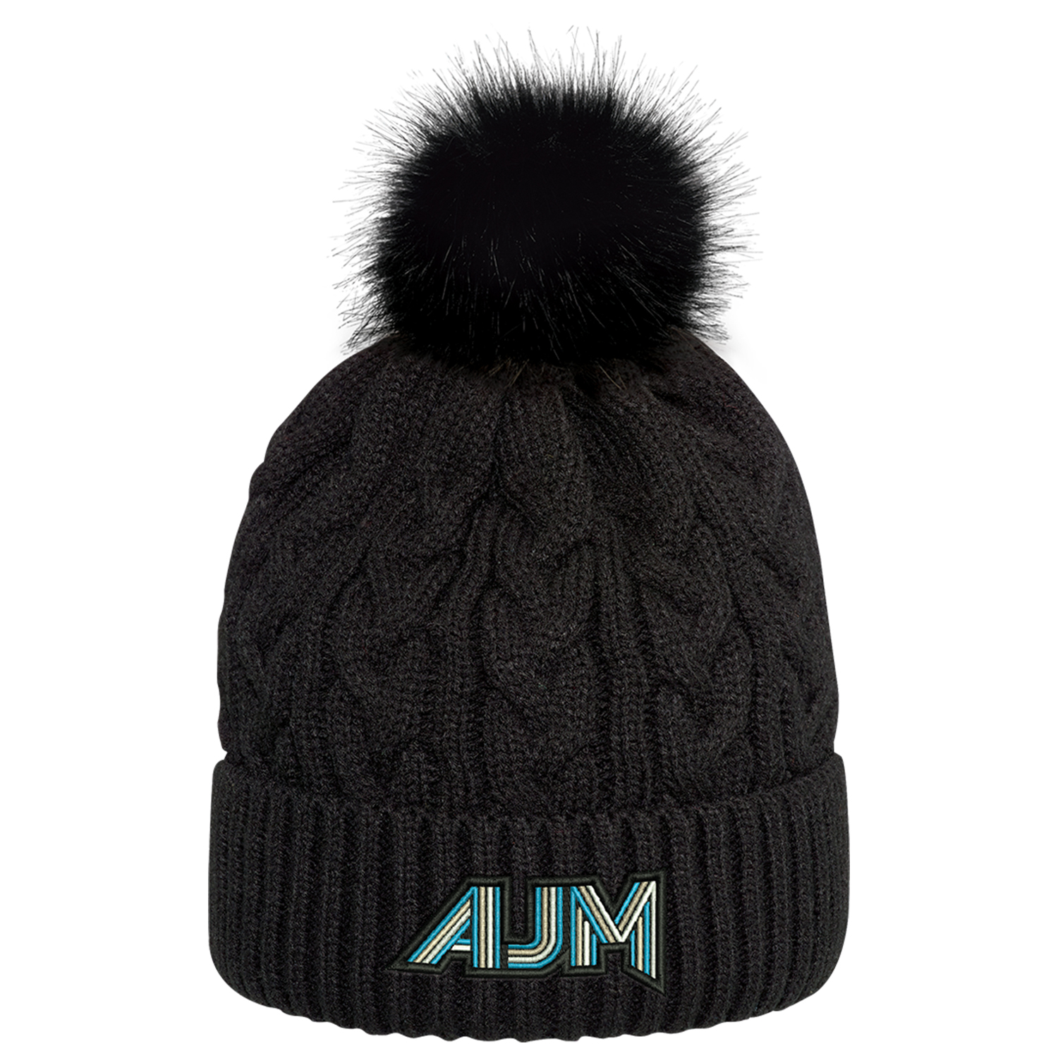 Cuff Toque (Faux Fur Pom Pom 12cm, Women’s) — Jacquard cable knit — AJM 9L594L